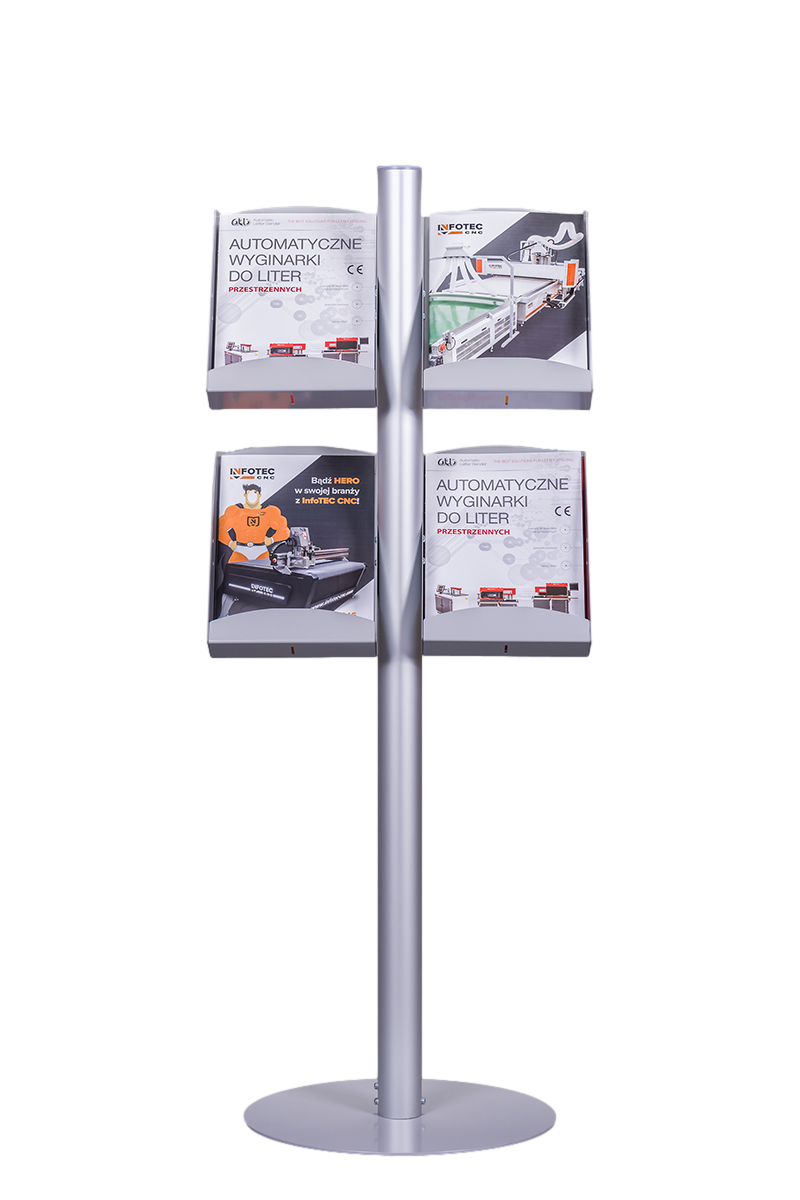 Wolnostojący stojak na ulotki z czterema kieszeniami na broszury formatu A4. Stabilna metalowa konstrukcja zapewnia estetyczną prezentację materiałów reklamowych.